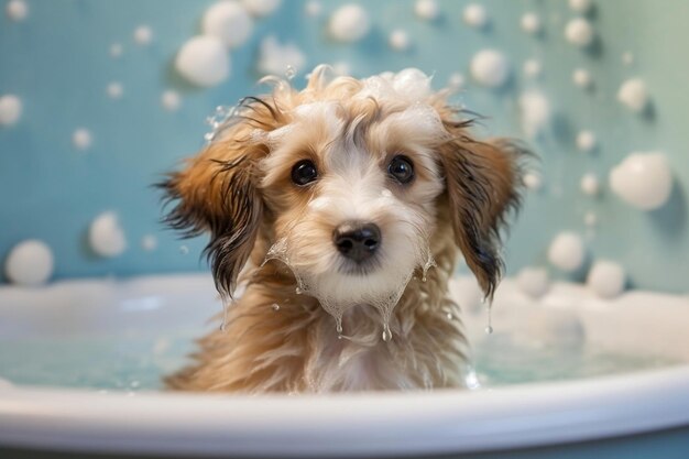 Photo adorable baby puppy in bathtub happy moments with shampoo foam ai