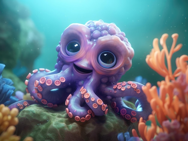 An adorable baby purple cartoon octopus generative ai