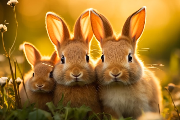 Adorable baby rabbits snuggle with their mother in a sunlit field showcasing the warmth and bond of