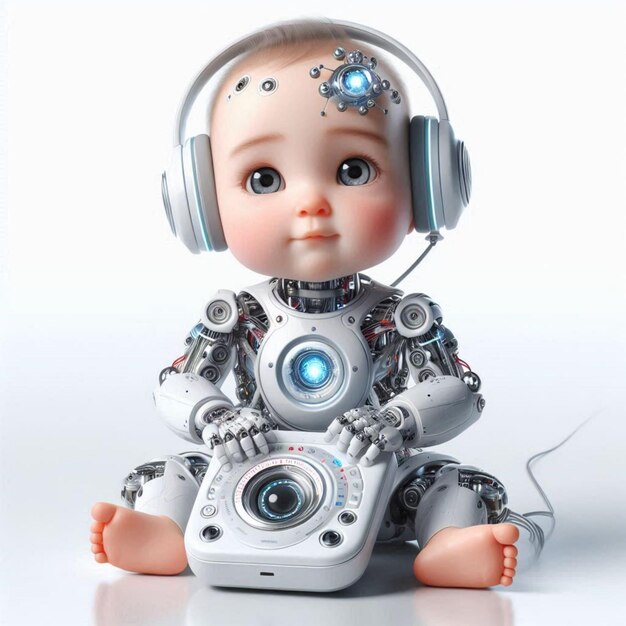Photo adorable baby robot in a clean white background