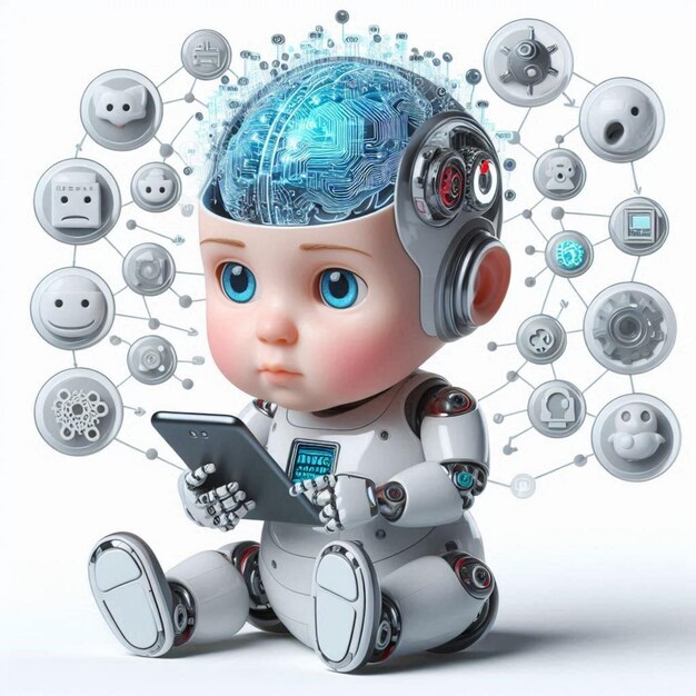Photo adorable baby robot in a clean white background