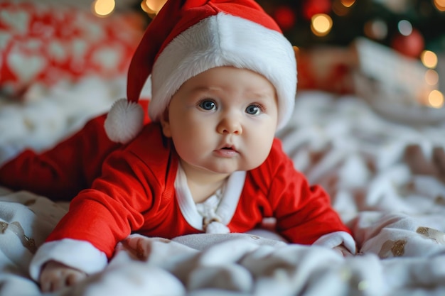 Adorable Baby in Santa Costume Lying on Soft Fabric Christmas Holiday Concept