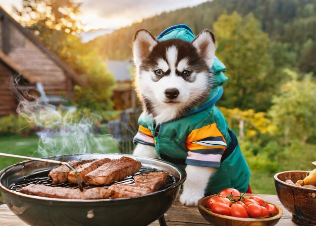 Foto adorabile bambino siberiano husky grilling bbq al cortile anteriore della cabina