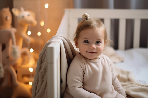 An adorable baby sits in her crib surrounded by a cozy crib and playful blankets in her nursery