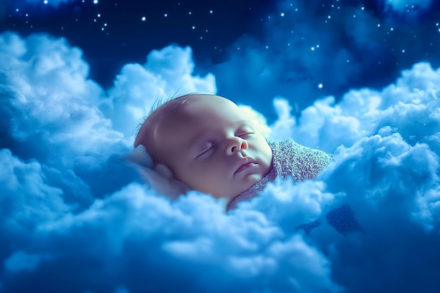 Foto bambino adorabile che dorme nelle nuvole come un piccolo angelo neonato che dorme tra le nuvole che galleggia