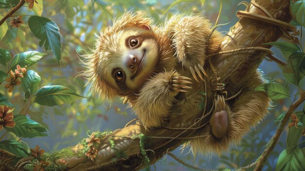 Adorable baby sloth cradled in the crook of a tree its gentle gaze and soft fur a testament to natures tenderness AI Generative