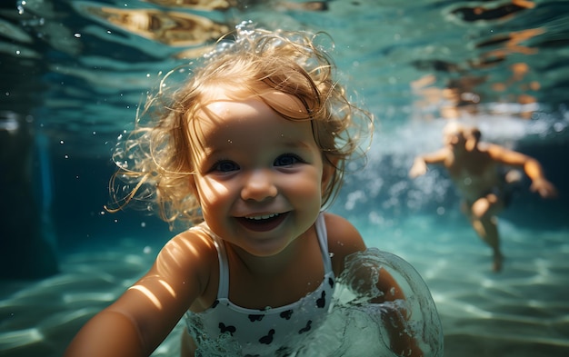 Adorable baby swiming underwater Diving Young swim water