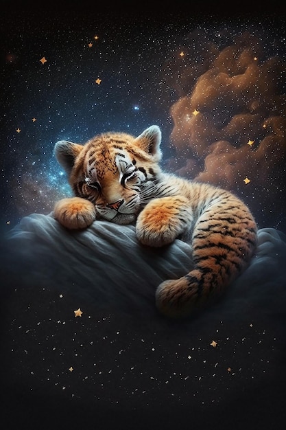 Adorable baby tiger animal sleeping on the cloud