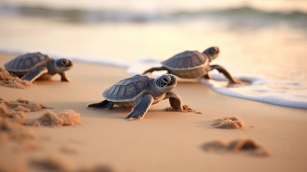 Adorable baby turtles embark on their journey as they crawl across the sandy beach their captivating movements Generated by AI