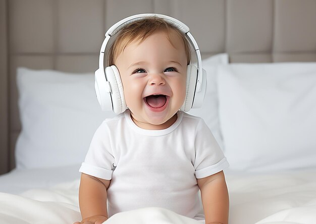Adorable baby wearing headphones Not real person Generative A