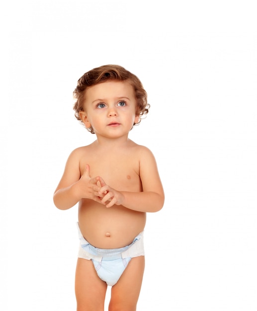 Adorable baby with blue eyes looking up