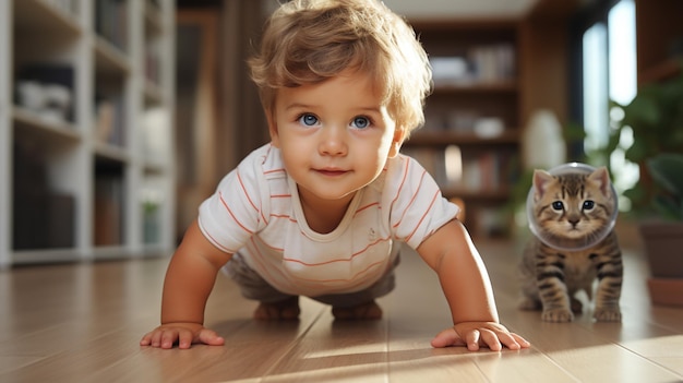 adorable baby with cat indoors at home