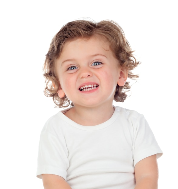 Adorable baby with curly hair isolated 