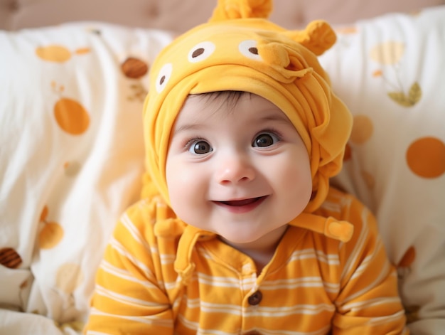 写真 遊び心のあるポーズで鮮やかな服を着た愛らしい赤ちゃん