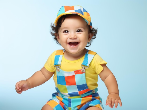 Adorable baby with vibrant clothing in a playful pose