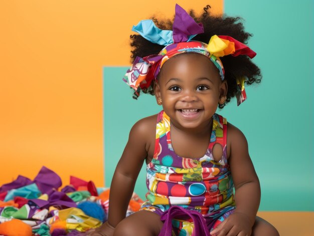 Adorable baby with vibrant clothing in a playful pose