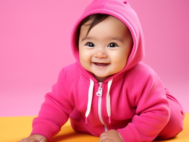 Adorable baby with vibrant clothing in a playful pose