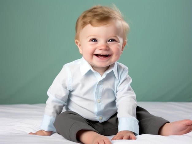 Adorable baby with vibrant clothing in a playful pose