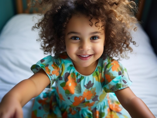 Adorable baby with vibrant clothing in a playful pose