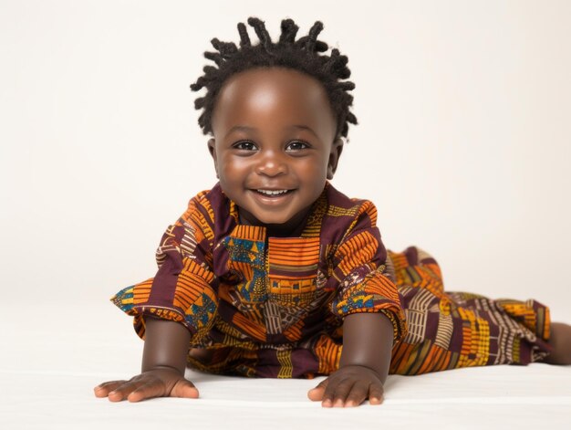 Adorable baby with vibrant clothing in a playful pose