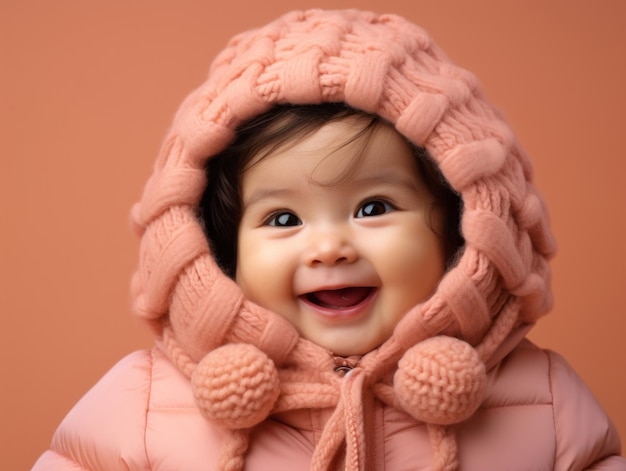 Adorable baby with vibrant clothing in a playful pose