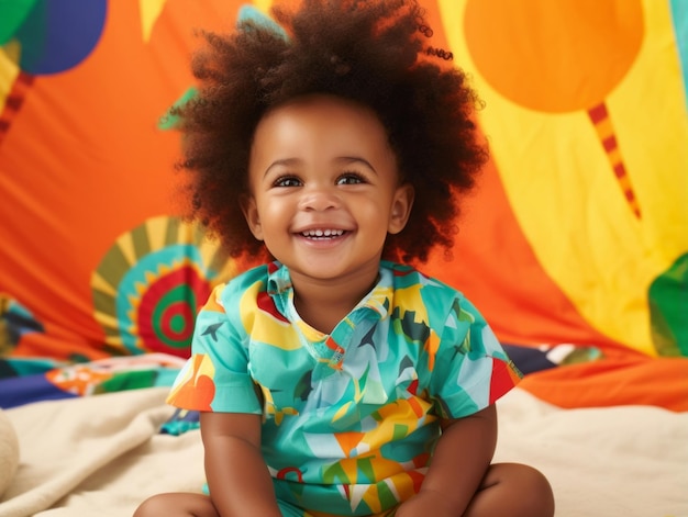 Adorable baby with vibrant clothing in a playful pose