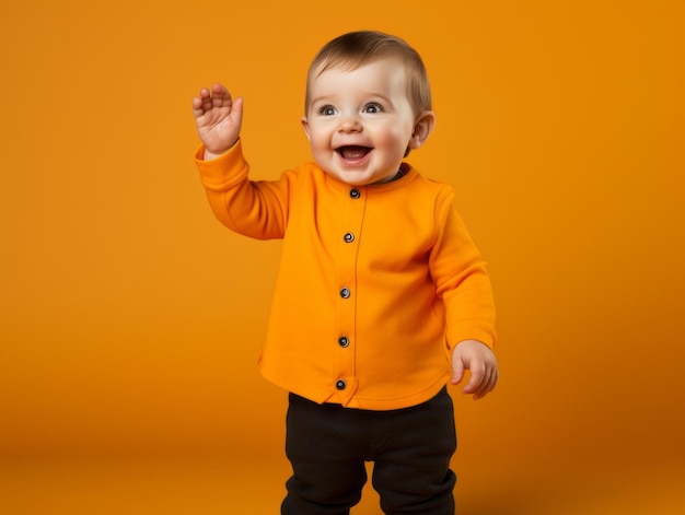 Adorable baby with vibrant clothing in a playful pose