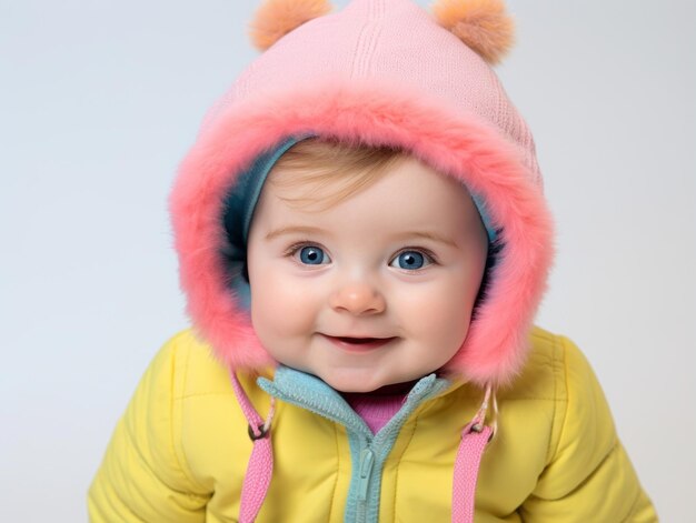 Adorable baby with vibrant clothing in a playful pose