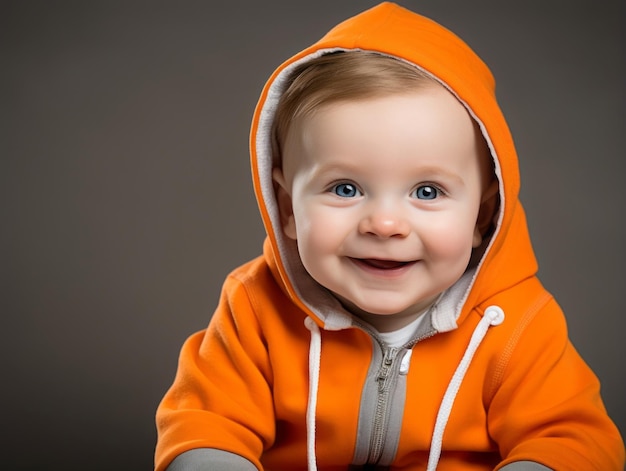 Adorable baby with vibrant clothing in a playful pose