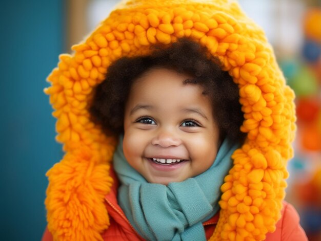 Adorable baby with vibrant clothing in a playful pose