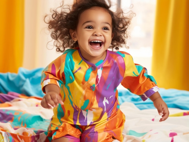Adorable baby with vibrant clothing in a playful pose