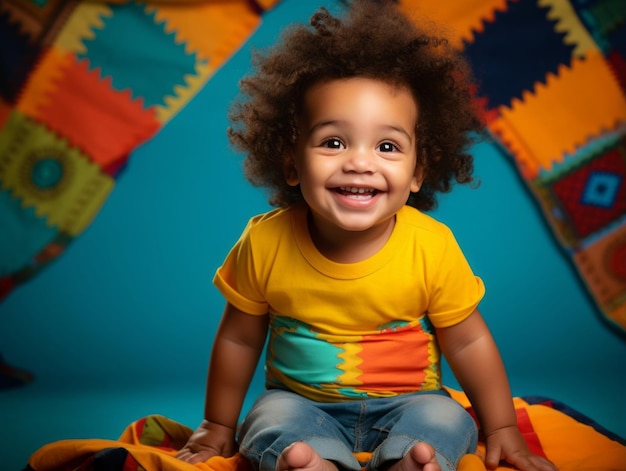 Adorable baby with vibrant clothing in a playful pose