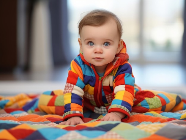 Adorable baby with vibrant clothing in a playful pose