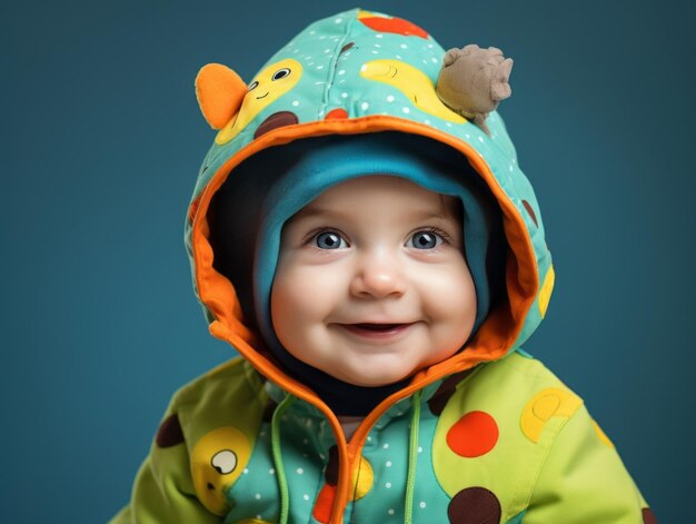 Adorable baby with vibrant clothing in a playful pose