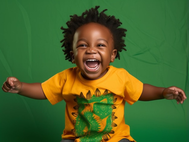 Adorable baby with vibrant clothing in a playful pose