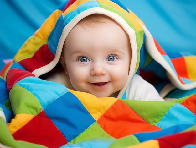 Adorable baby with vibrant clothing in a playful pose