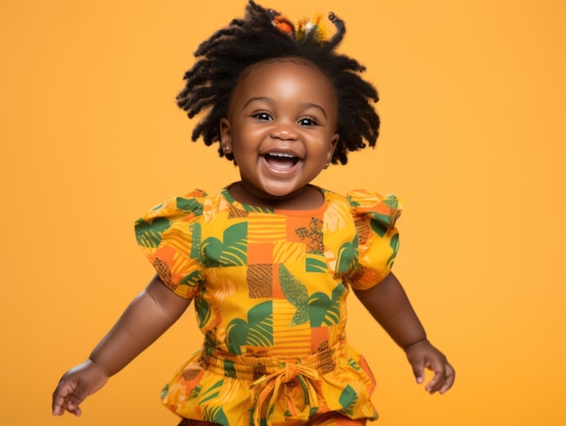 Adorable baby with vibrant clothing in a playful pose