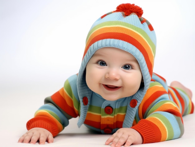 Adorable baby with vibrant clothing in a playful pose