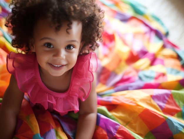 Adorable baby with vibrant clothing in a playful pose