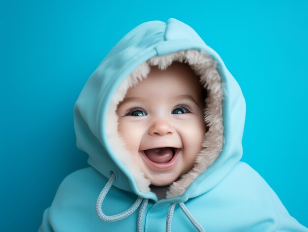 Adorable baby with vibrant clothing in a playful pose