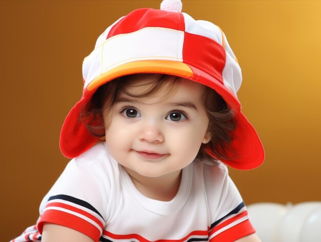 Adorable baby with vibrant clothing in a playful pose