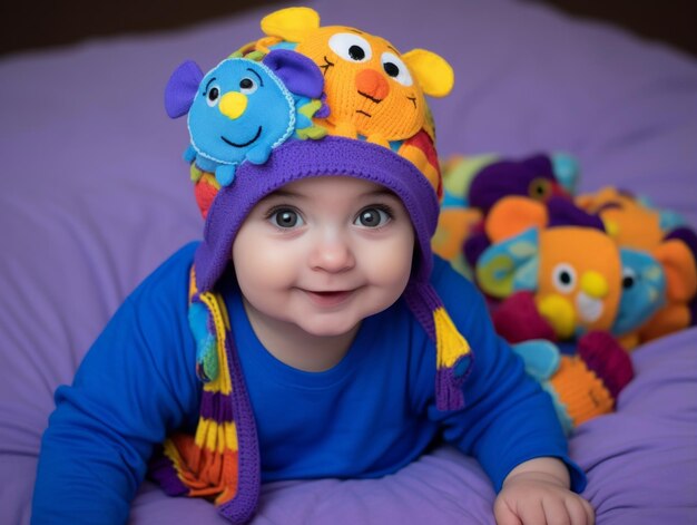 Adorable baby with vibrant clothing in a playful pose