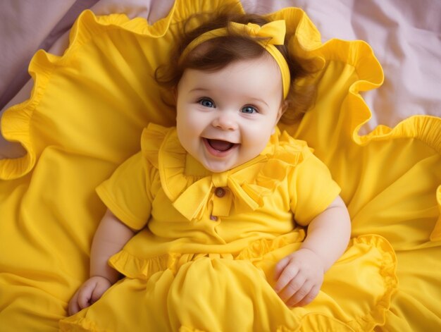 Adorable baby with vibrant clothing in a playful pose