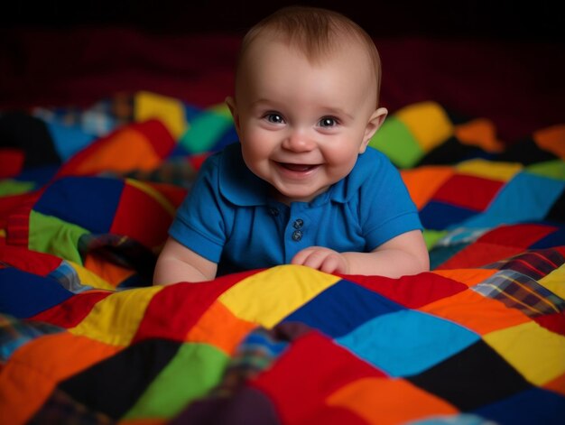 Foto bambino adorabile con vestiti vivaci in una postura giocosa