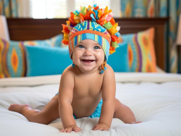 Adorable baby with vibrant clothing in a playful pose