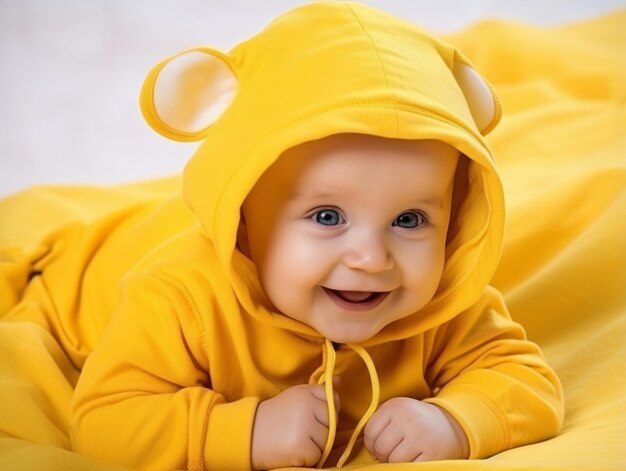 Adorable baby with vibrant clothing in a playful pose