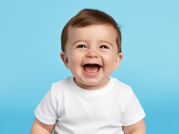 Adorable baby with vibrant clothing in a playful pose