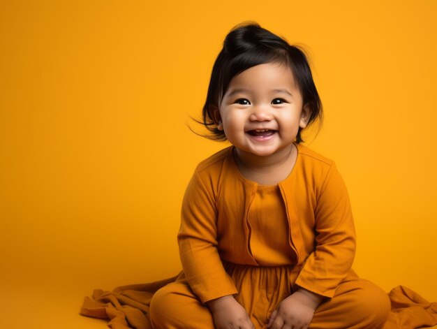 Adorable baby with vibrant clothing in a playful pose