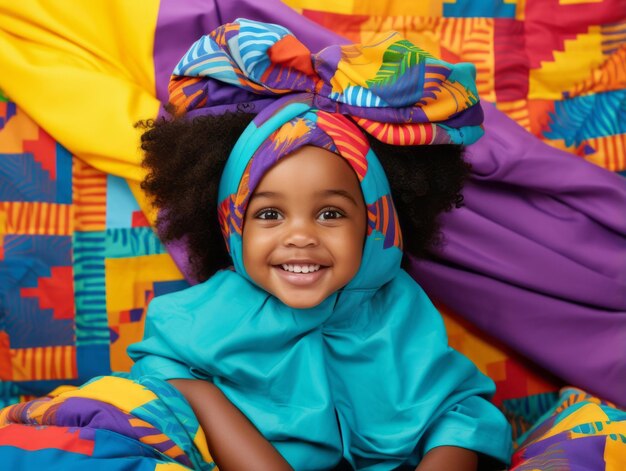 Adorable baby with vibrant clothing in a playful pose