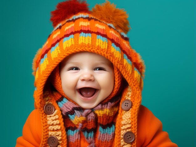 Adorable baby with vibrant clothing in a playful pose